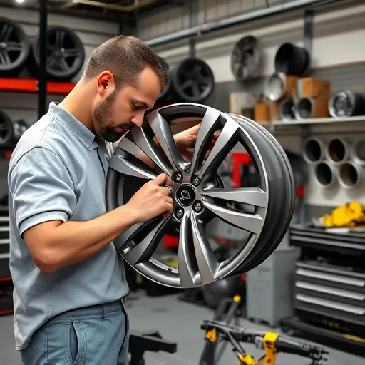 A technician working on refurbishing a Hyundai alloy wheel in a well-equipped workshop, highlighting the detailed process of wheel reconditioning.