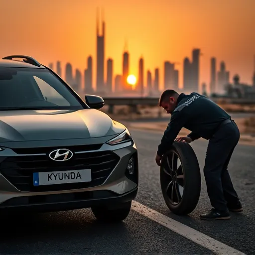 A Hyundai car on the roadside in Dubai with a technician replacing a flat tire against a backdrop of the city skyline at sunset.