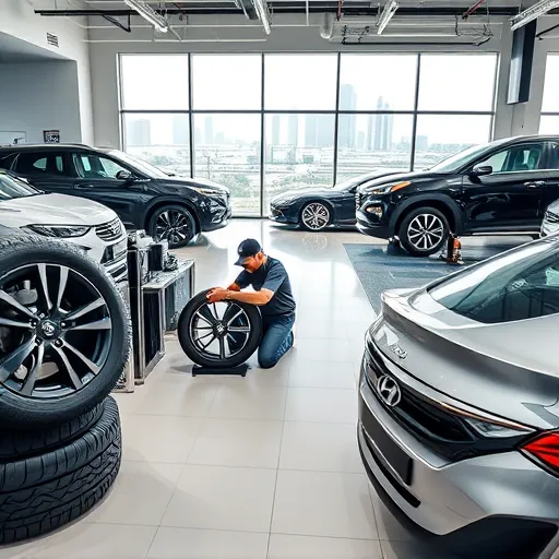 A Hyundai tyre shop in Dubai featuring a technician replacing wheels on a Hyundai car, with various tyres and tools visible, and the Dubai skyline in the background.