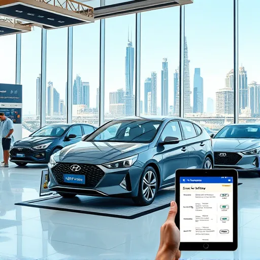 A Hyundai vehicle being serviced in a modern automotive service center in Dubai, with a mechanic, various Hyundai models, and a digital service history report visible.