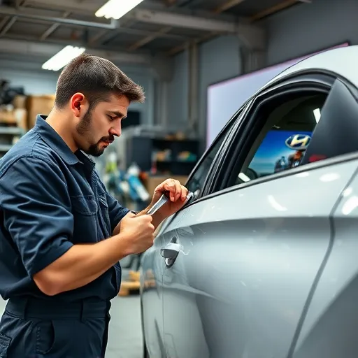 A technician repairing a Hyundai power window motor in a workshop, surrounded by tools and car parts.