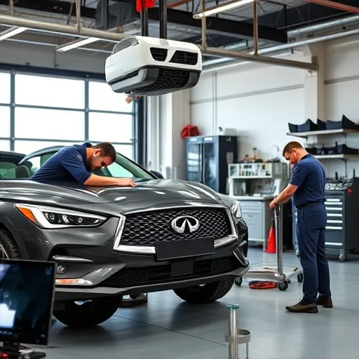 Technicians performing AC repair services on an Infinity vehicle in a professional workshop.
