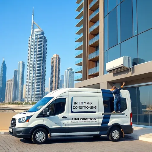 Technician servicing an air conditioning unit outside a high-rise building in Dubai, with an Infinity Air Conditioning service van nearby.