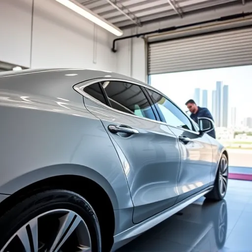 A technician performing paintless dent repair on a shiny car in a modern workshop in Dubai, with the skyline in the background.