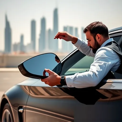 A mechanic working on replacing the side mirror of an Infinity car in Dubai, with the city skyline visible in the background.