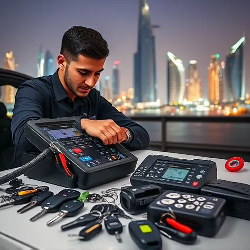 A locksmith in Dubai replacing and programming car keys, showcasing modern tools and the Dubai skyline.