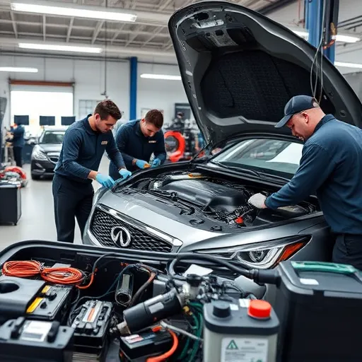Technicians at Auto Expert Workshop Dubai performing electrical services on an Infinity vehicle.