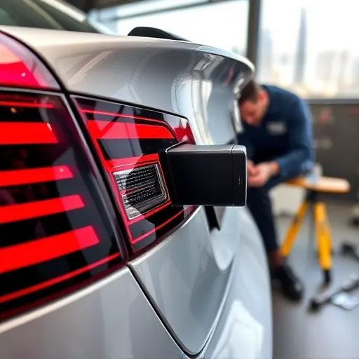 A technician replacing a parking sensor on a car in a workshop, with the Dubai skyline visible through the window.