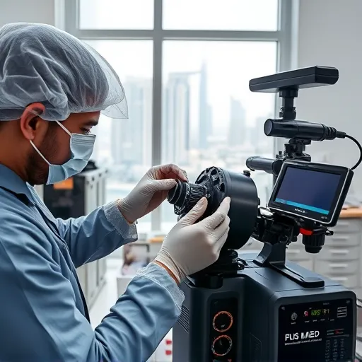 A technician performing infinity sensor replacement and calibration in a Dubai workshop, surrounded by tools and a view of the Dubai skyline.