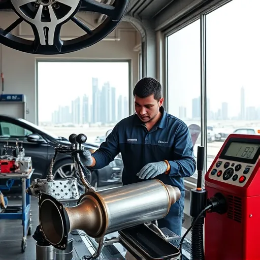 Technician cleaning a catalytic converter in a modern workshop in Dubai, showcasing advanced cleaning equipment and tools for efficiency testing.