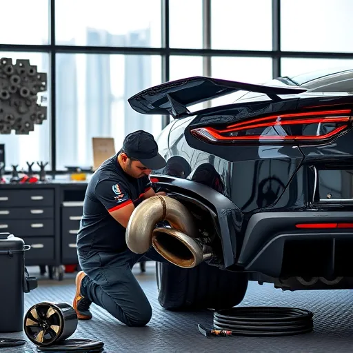 A mechanic in Dubai working on replacing an exhaust pipe on a luxury vehicle in a well-equipped workshop with the Dubai skyline in the background.