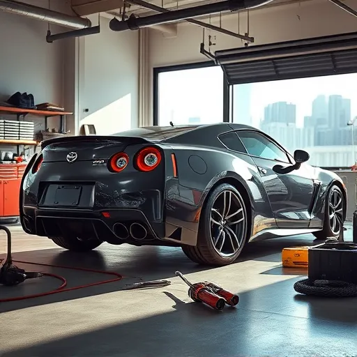 A mechanic installing an Infinity sports exhaust system on a high-performance sports car in a modern garage, with tools and city skyline in the background.