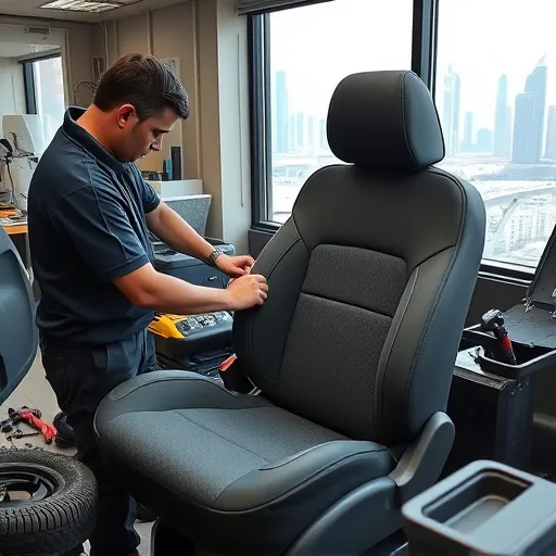A technician in Dubai repairing a car seat, focusing on foam fixing, with tools and the city skyline in the background.