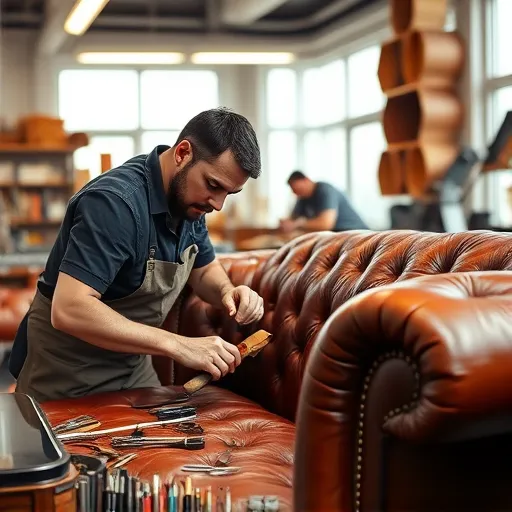 An artisan repairing a leather sofa in a modern workshop in Dubai, surrounded by tools and materials for leather upholstery.