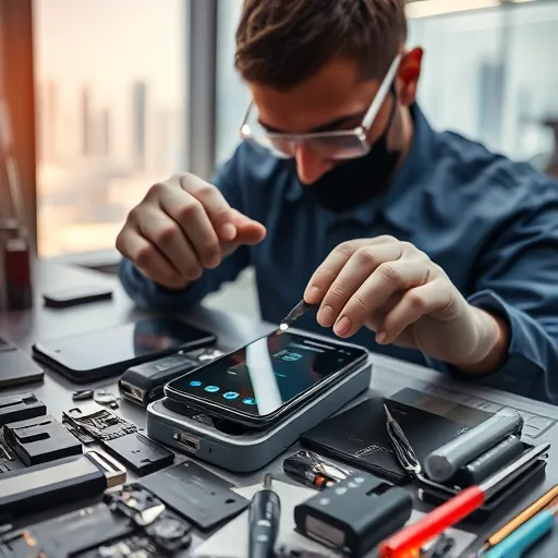 Technician replacing a mobile battery in a modern repair shop in Dubai, with tools and Dubai's skyline in the background.