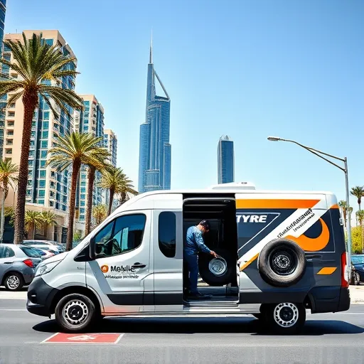 A technician changing a tyre on a mobile replacement service van in Dubai, with skyscrapers and palm trees in the background.