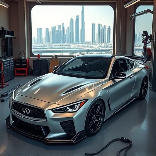A modified car featuring an Infinity LS3 engine swap, set in a Dubai garage with tuning equipment and the Dubai skyline visible.