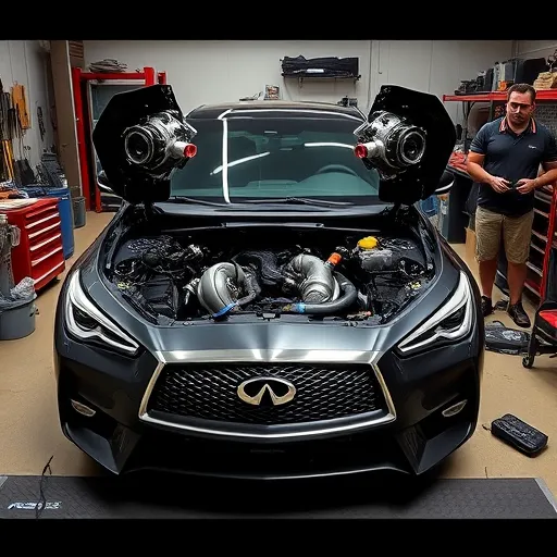 Performance Tuning Services for Infinity Vehicles at Auto Expert Workshop Dubai, featuring a technician working on an LS3 engine swap in a high-performance workshop environment.