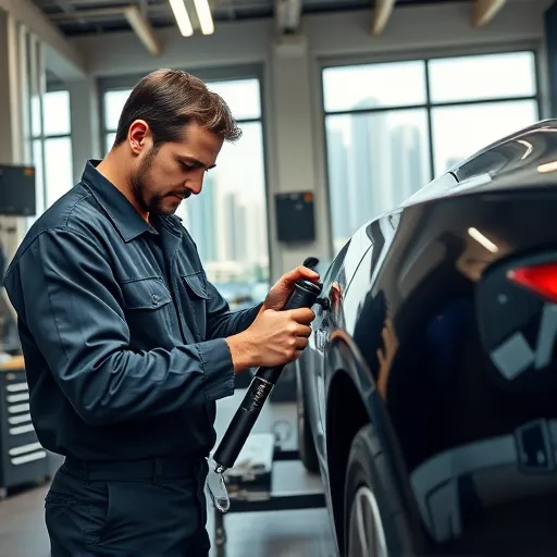 A mechanic replacing an infinity shock absorber in a Dubai workshop, with luxury cars and tools visible.