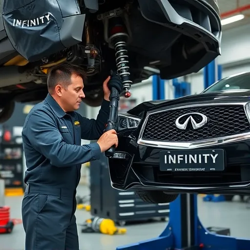 Infinity Brand Suspension and Steering Services at Auto Expert Workshop Dubai, featuring a mechanic working on a vehicle's suspension system.