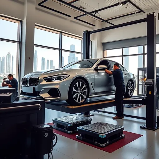 A technician performing wheel alignment and balancing in a modern automotive workshop in Dubai, with advanced equipment and a city skyline in the background.