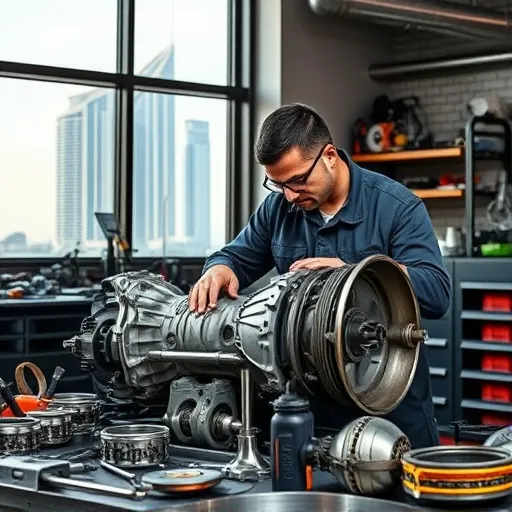 A skilled mechanic working on a gearbox in a well-equipped repair shop in Dubai, with tools and components scattered around and a view of the Dubai skyline outside.