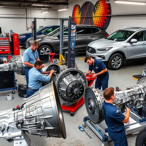 A skilled technician repairing an Infinity vehicle's transmission at Auto Expert Workshop Dubai, showcasing various gearbox components and tools essential for transmission services.