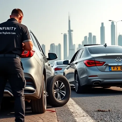 A mechanic changing a flat tire on a luxury car at a roadside in Dubai, with the city's skyline in the background and a roadside assistance vehicle from Infinity Flat Tyre Replacement visible.