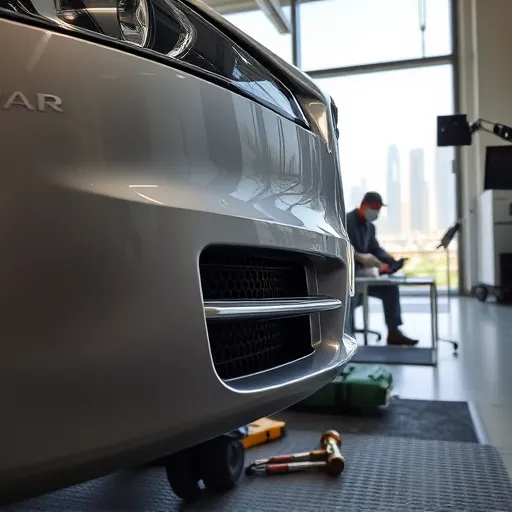 Technician repairing a Jaguar bumper in a sleek auto body shop in Dubai, with tools and the city skyline in the background.