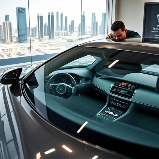 A professional detailer cleaning a luxurious Jaguar car in an upscale interior spa in Dubai, showcasing the car's sleek design and plush interior.