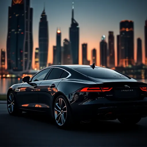 A luxury Jaguar vehicle with tinted windows parked against the backdrop of the Dubai skyline at sunset, symbolizing premium window tinting services.