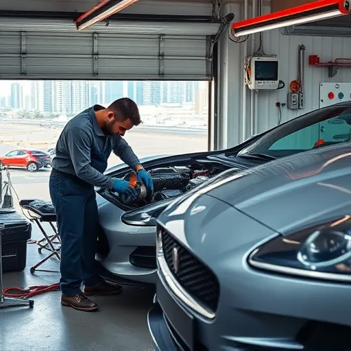 A mechanic working on a Jaguar car's alternator in a Dubai garage, with tools and a city skyline in the background.