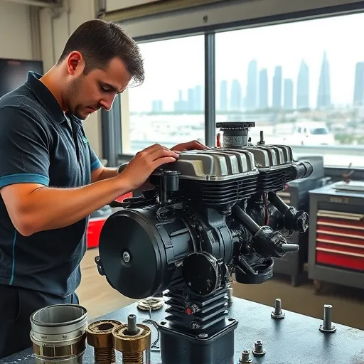 A mechanic repairing a Jaguar 2-stroke engine in a Dubai workshop, surrounded by specialized tools and parts, with the city's skyline in the background.