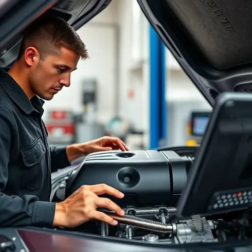 A mechanic working on a Jaguar engine in a Dubai workshop, using diagnostic tools to identify engine misfire issues.