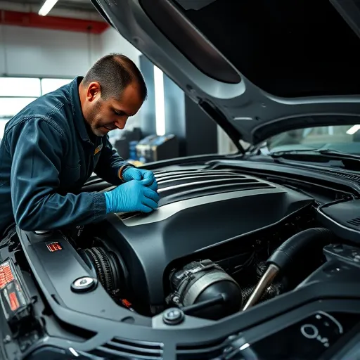 A technician examining a Jaguar engine for oil leaks in a high-tech garage in Dubai, showcasing tools and diagnostic equipment.