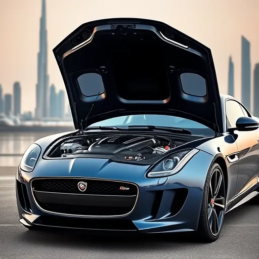 Jaguar car engine with parts displayed, set against the Dubai skyline, symbolizing engine supply and installation services.