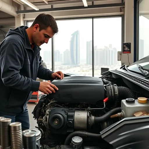 A mechanic repairing a Jaguar engine in a modern workshop in Dubai, with city skyline visible through the window.