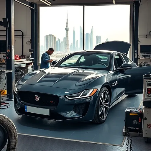 A Jaguar car undergoing engine installation in a Dubai workshop, highlighting advanced tools and a professional mechanic, with the Dubai skyline in the background.