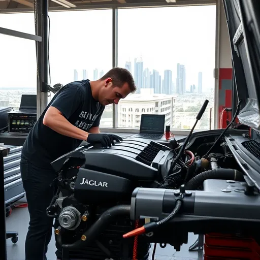 A mechanic repairing a Jaguar petrol engine in a well-equipped workshop, with a view of Dubai's skyline in the background.
