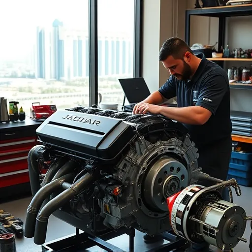 A mechanic repairing a Jaguar piston engine in a Dubai workshop, showcasing precision and expertise.