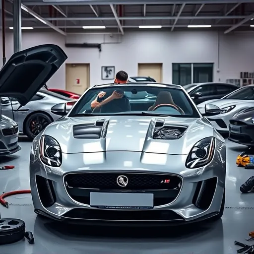 A mechanic inspecting the engine of a Jaguar car in a modern garage in Dubai, showcasing tools and other luxury vehicles in the background.