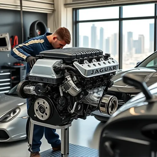 A technician installing a used Jaguar engine in a repair workshop in Dubai, with tools and car parts visible in the background and the Dubai skyline through the windows.
