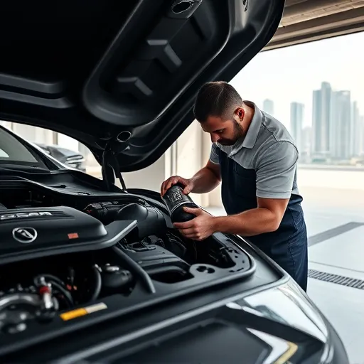 A mechanic replacing the fuel filter in a Jaguar car inside a modern garage in Dubai, with the city's skyline in the background.