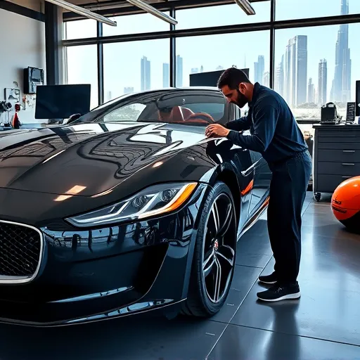 A technician repairing the suspension and shock absorbers of a Jaguar car in a Dubai auto repair shop, with a view of the Dubai skyline.