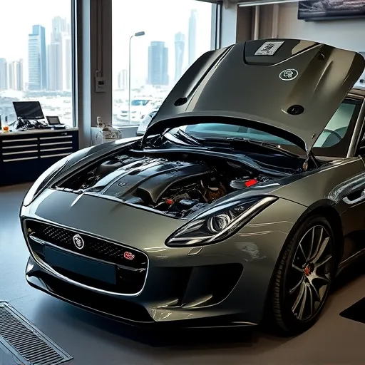 A Jaguar car in a Dubai garage with the hood open, displaying the clutch and gearbox for replacement and inspection.