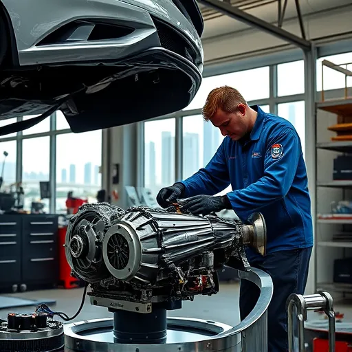 A mechanic repairing a Jaguar transmission in a Dubai workshop, with tools and car parts visible and the Dubai skyline in the background.