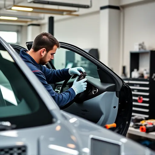A technician working on a Jaguar power window motor replacement in a Dubai garage, showcasing automotive repair tools and the car's interior.