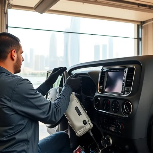 A mechanic working on a Jeep's air conditioning system in a Dubai garage, with the city skyline in the background.