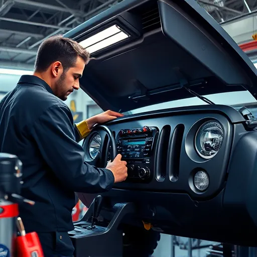 Mechanic performing air conditioning repair on a Jeep in a modern auto workshop in Dubai.