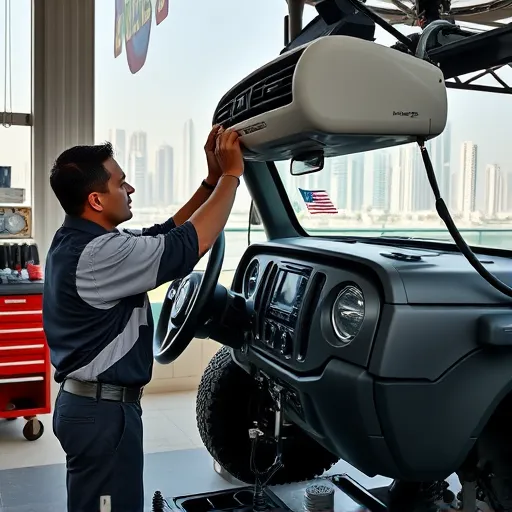 A mechanic working on a Jeep's air conditioning system in a Dubai workshop, showcasing tools and the city skyline.